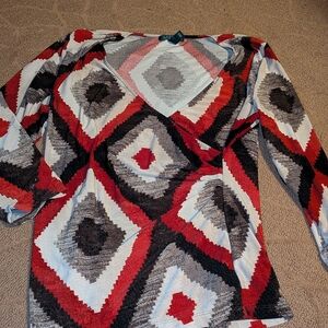 Lauren Ralph Lauren Red Black White Patterned WRAP Blouse TOP SHIRT LADIES XL $$